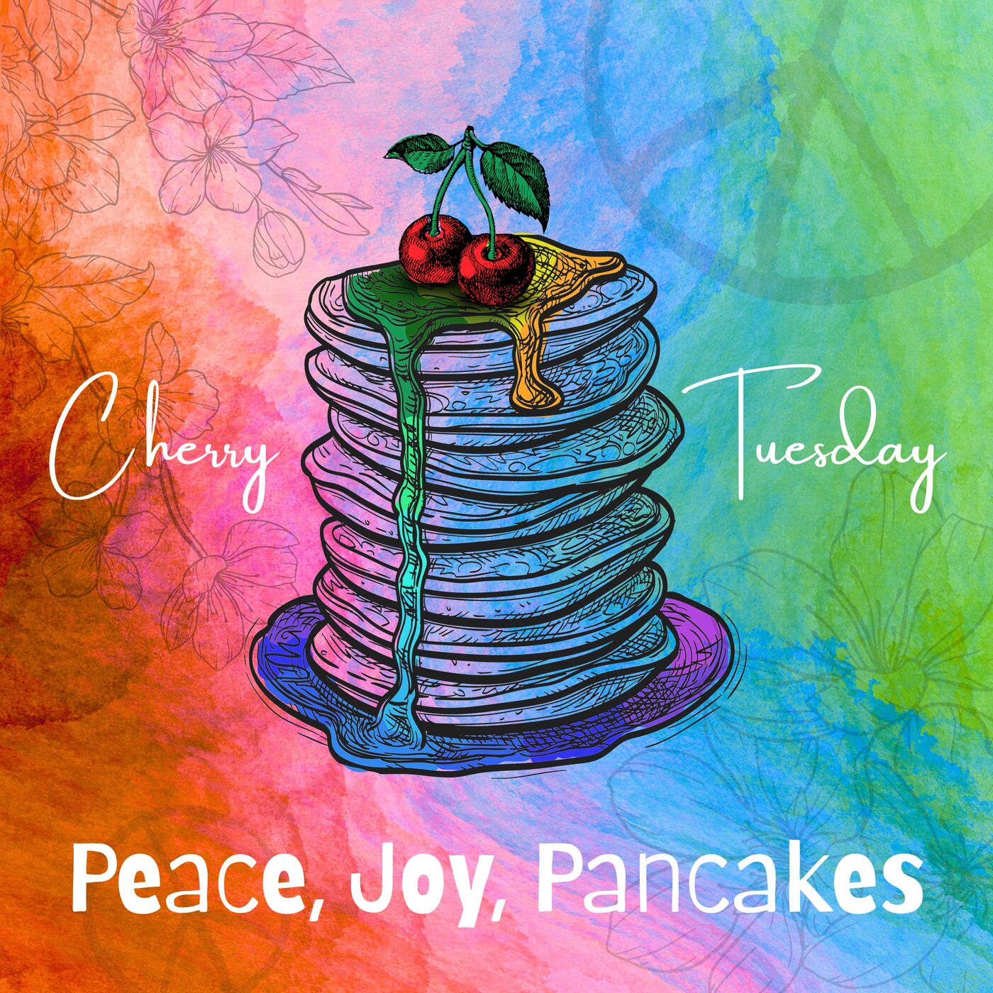 Albumcover „Peace, Joy, Pancakes“: ein Stapel Pfannkuchen mit Kirschen auf Aquarell-Hintergrund